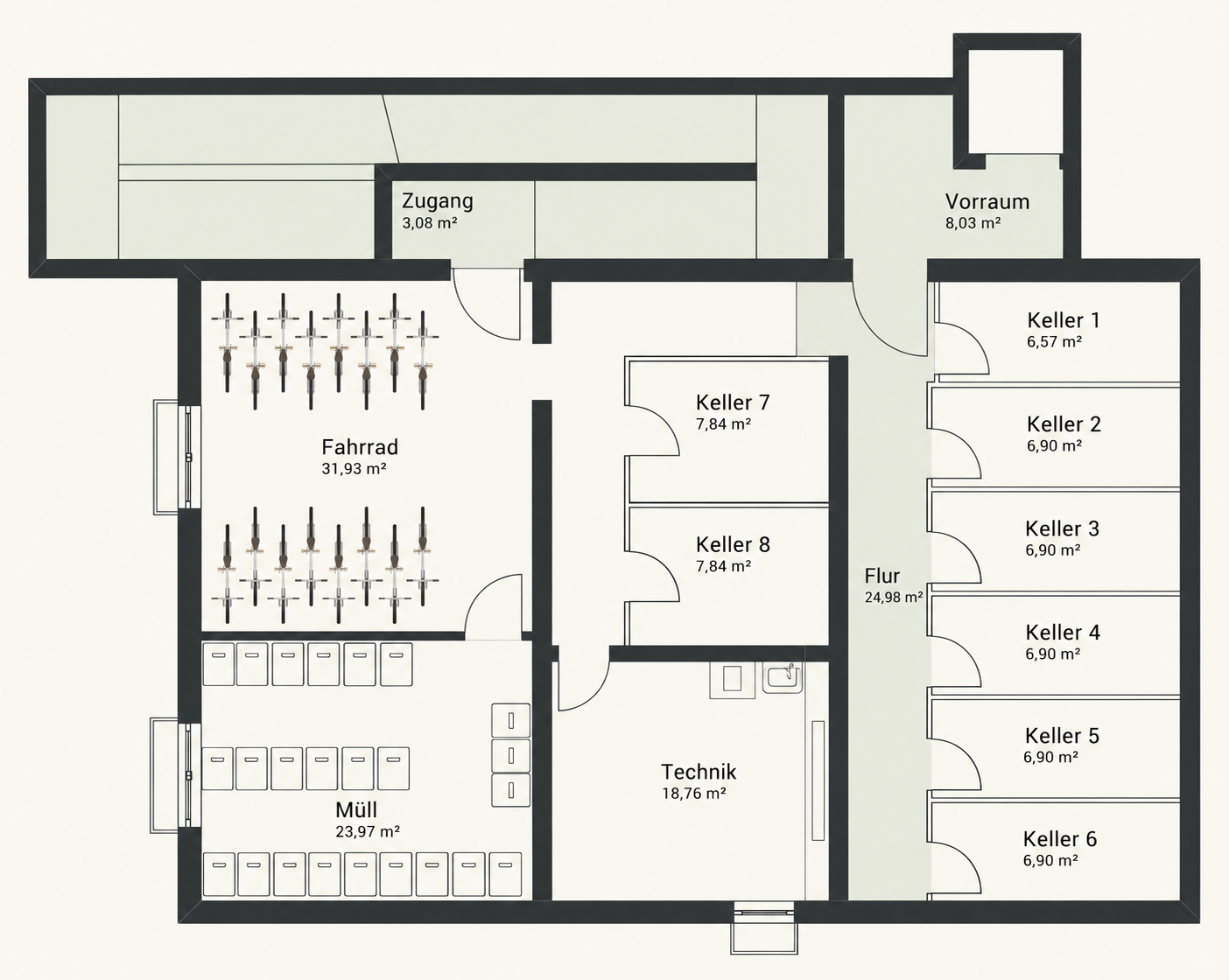 Visualisierter Grundriss des Kellergeschosses von Haus 2 mit den Kellerräumen 1 bis 8 und den Gemeinschaftsräumen