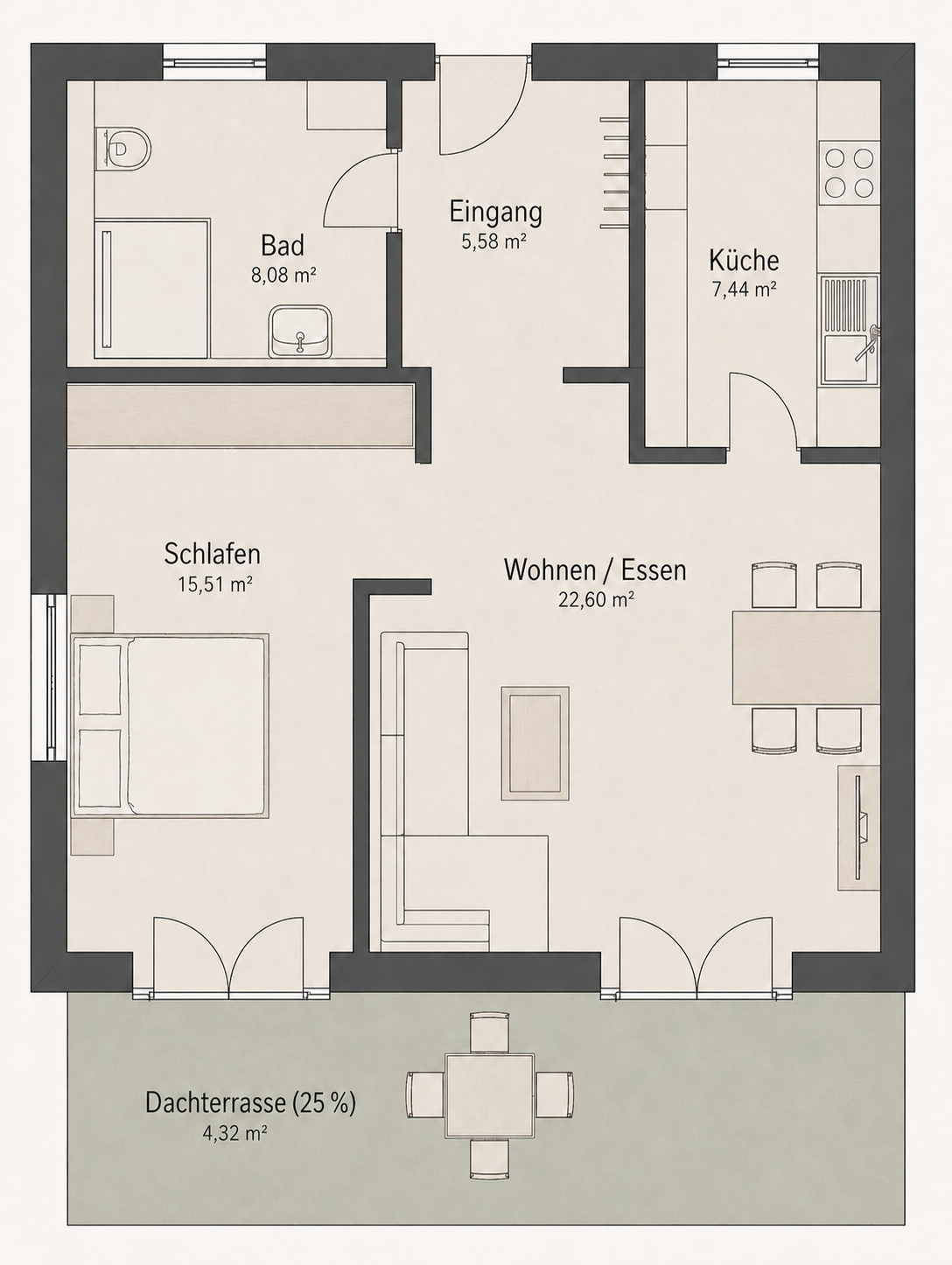 Visualisierter Grundriss Haus 2, Wohnung 8 – verkauft